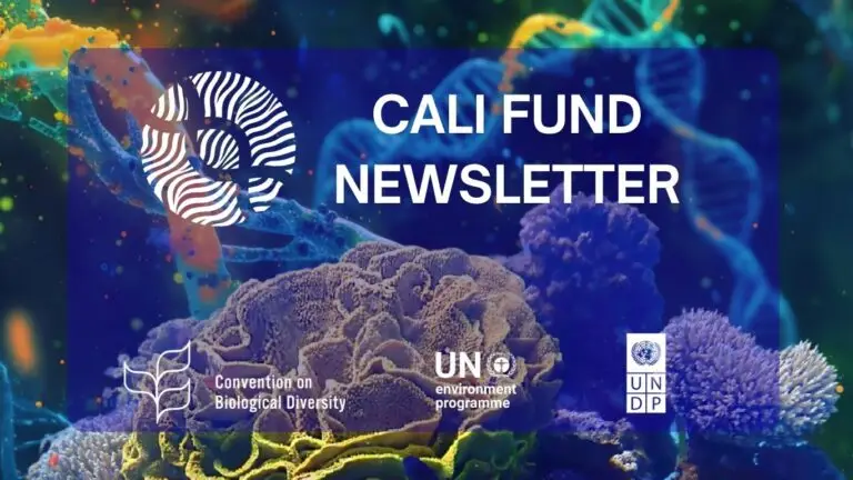 Cali Fund newsletter cover featuring colourful coral beneath stylized DNA double helices against a dark blue background. White text reads “CALI FUND” and “FOR OUR BIODIVERSE FUTURE.” Along the bottom are the logos of the Convention on Biological Diversity, UNDP, and the UN Environment Programme.