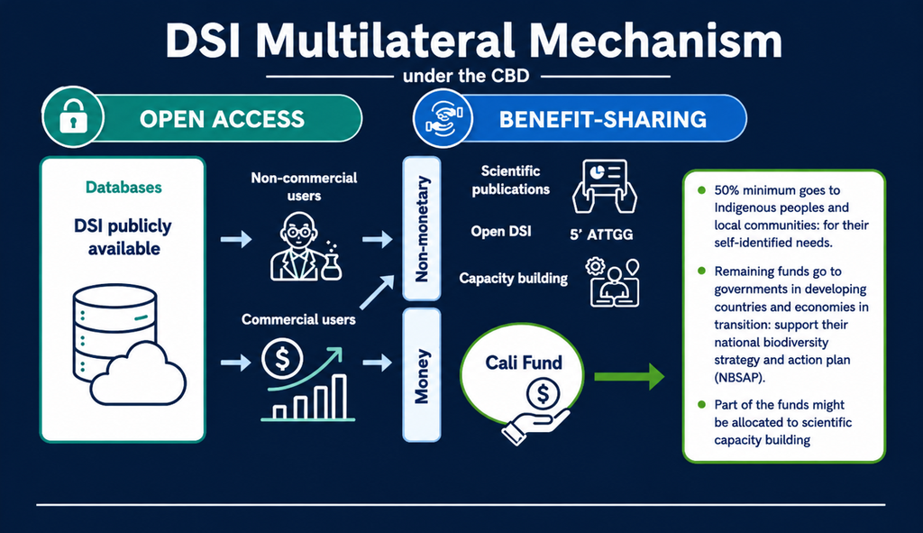 Diagram titled “DSI Multilateral Mechanism under the CBD,” showing how open access to publicly available DSI connects to monetary and non-monetary benefit-sharing, including contributions to the Cali Fund.

Extended description
The diagram flows from left to right, from “Open Access” to “Benefit-Sharing.” Public databases provide DSI to non-commercial and commercial users. Arrows connect non-commercial users to non-monetary benefits, while commercial users connect to both non-monetary and monetary benefits. Non-monetary benefits include scientific publications, open DSI, and capacity building. Monetary benefits flow into the Cali Fund.

An arrow from the Cali Fund leads to a box listing how funding is allocated:

A minimum of 50% goes to indigenous peoples and local communities for their self-identified needs.

Remaining funds go to governments in developing countries and economies in transition to support their national biodiversity strategy and action plan (NBSAP).

Part of the funds might be allocated to scientific capacity building.